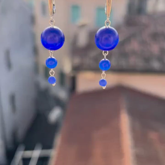 Long Bright Blue Dangle Earrings – Funky Summer Beach Jewelry, Silver Statement Drops, Beaded Gift for Her, Fun Lightweight Earrings