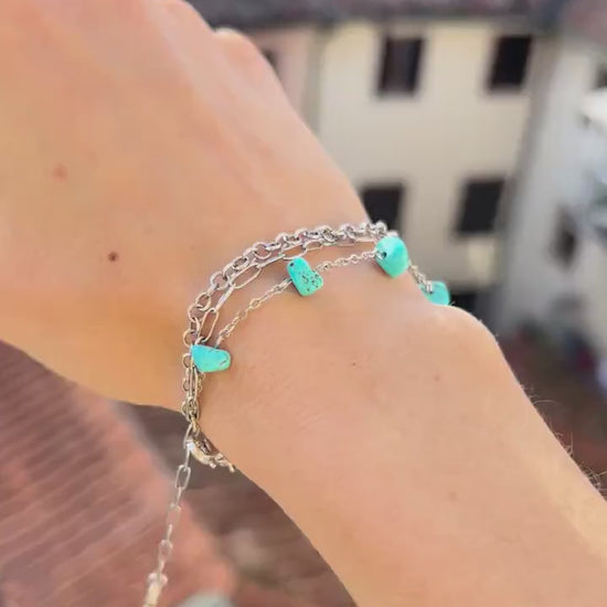 Turquoise Howlite Crystal Charm Chain Bracelet stacking, Dainty Silver Layered Blue Birthstone Boho Jewelry, Handmade Unique Gift for Her