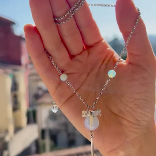 Long Blue Opalite Lariat Necklace,Silver Y Pendant Necklace,Dainty Crystal Jewelry,Handmade Art Deco Statement Necklace,Moonstone Style Gift