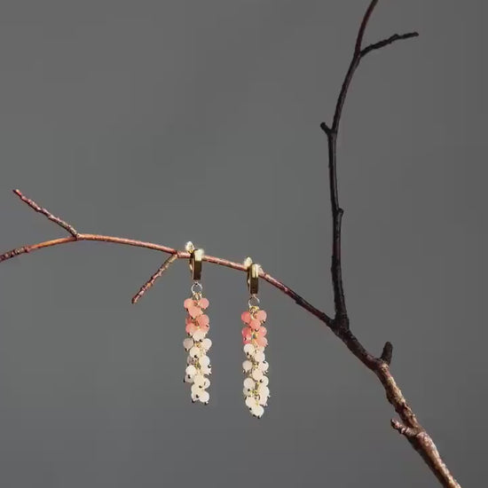 Gold Tassel Dangle Earrings, Pink Rose Quartz Crystal Beaded Earrings, Boho Funky Bridal Wedding Statement Gift for Her, Long Earrings