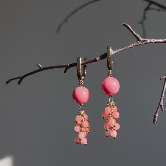 Gold Dangle Drop Earrings, Rose Angelite Quartz Bead Cute Long Earrings, Bohemian Statement Pink Crystal, Wedding Jewelry, Gift for her