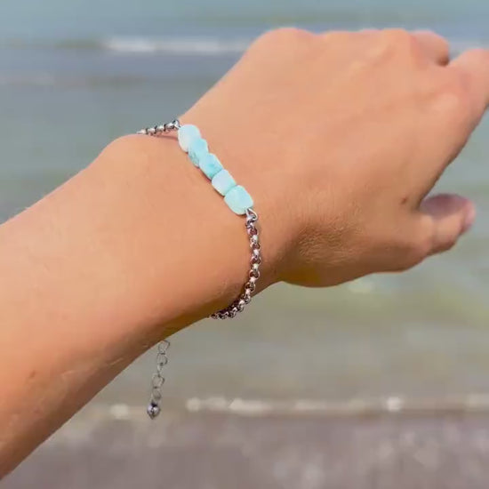Silver Chain Bracelet with Larimar – Blue Gemstone Crystal Hand Chain Bracelet | Y2K Birthstone Stack | Summer Jewelry Gift for Her